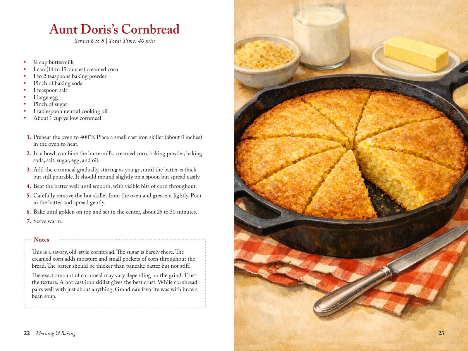 A spread with the recipe for Aunt Doris’s Cornbread beside an illustration of cornbread in a cast iron skillet