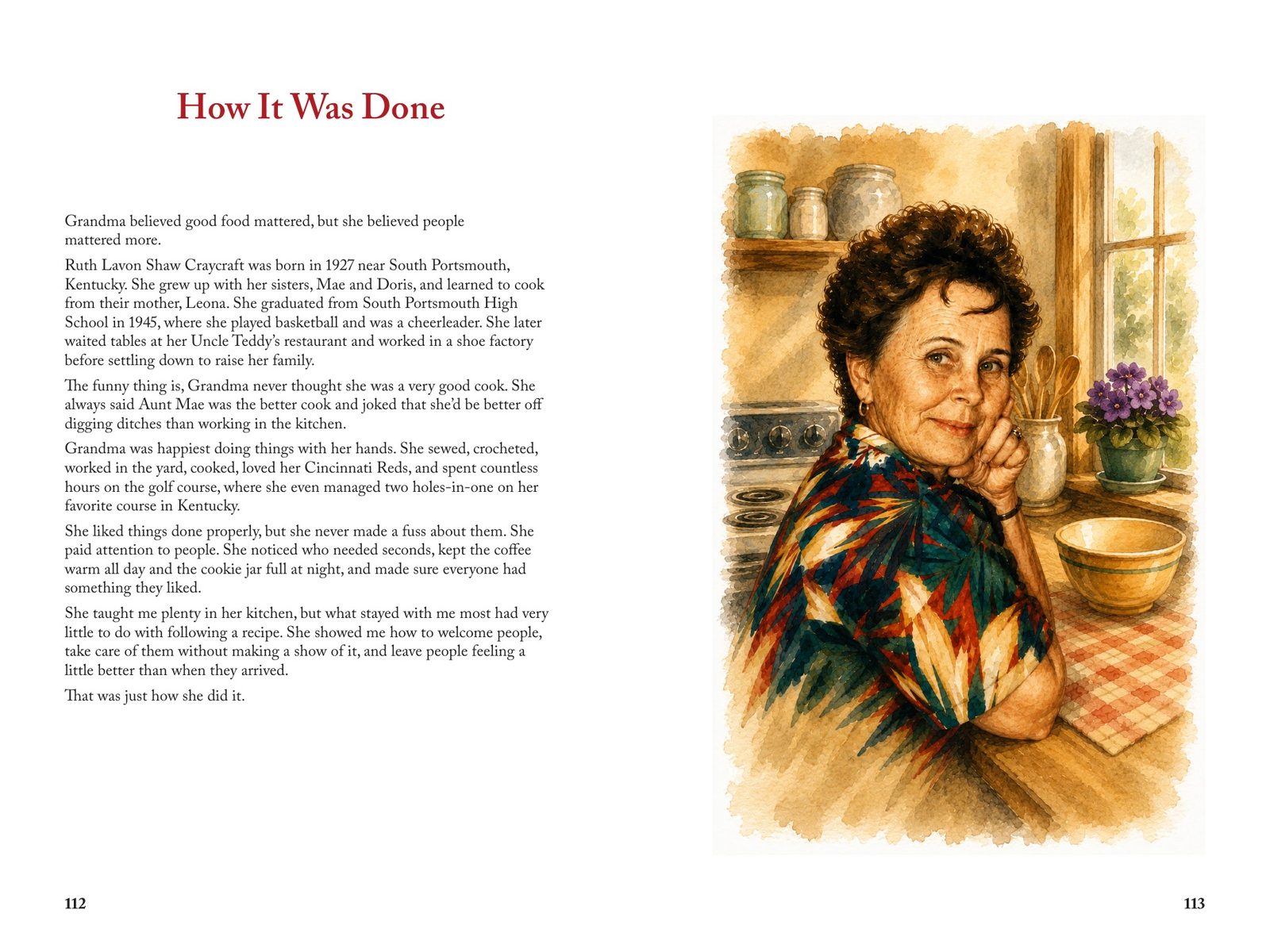 The closing spread, How It Was Done, with a short biography beside an illustrated portrait of Ruth Lavon Craycraft at her kitchen table