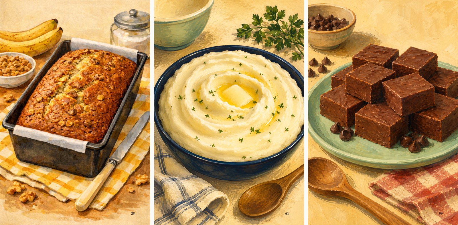 Three illustrations from the book, banana bread in a loaf pan, a bowl of mashed potatoes with butter, and squares of fudge on a green plate