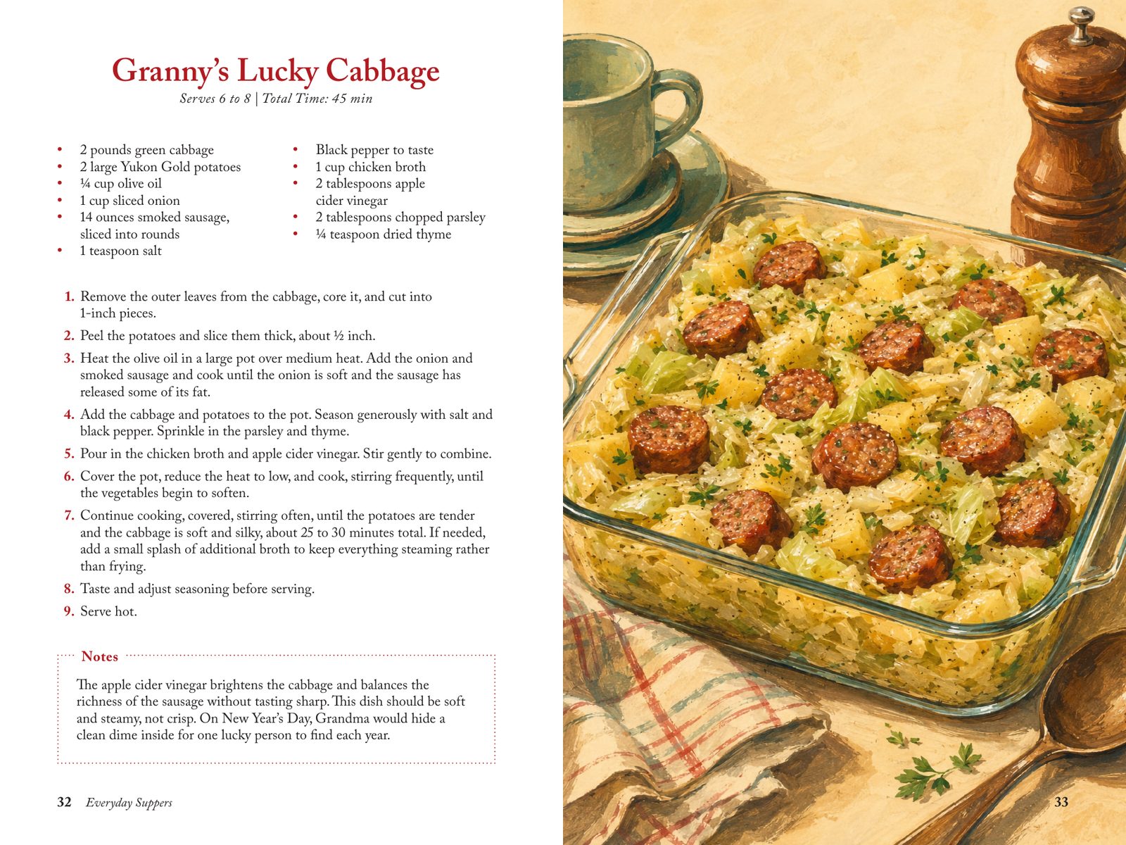 The spread for Granny’s Lucky Cabbage, with a note about the dime hidden inside on New Year’s Day, beside an illustration of cabbage and sausage in a glass dish