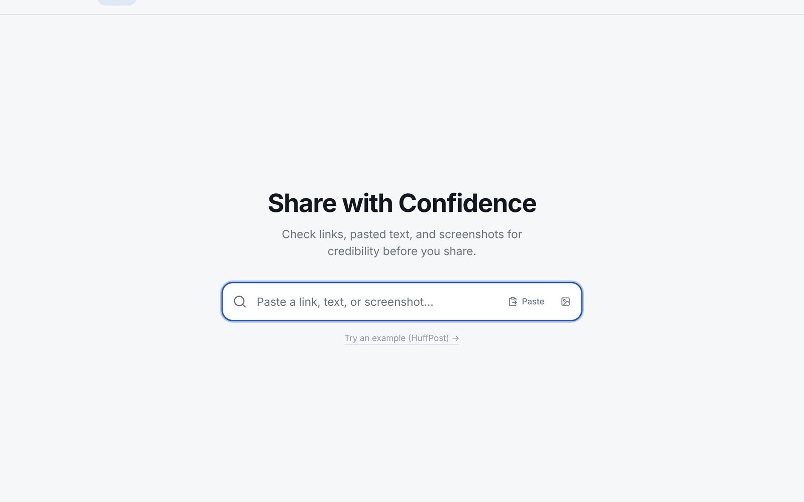 The ShareCheck home page, a single box to paste a link, text or screenshot